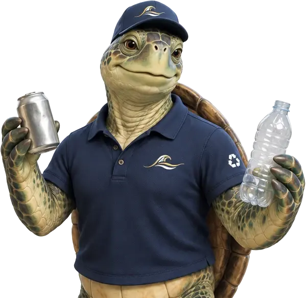 Tuga Blue holding a bottle and can for proper disposal
